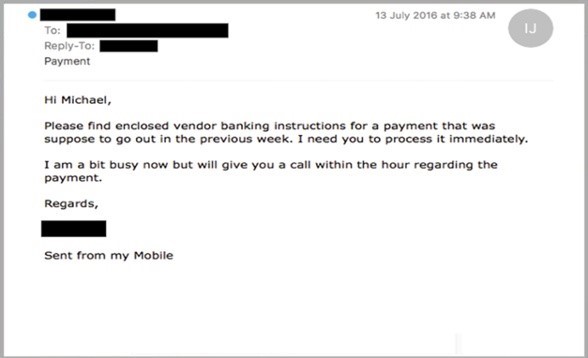 phishing example of impersonating a manager giving bank wiring instructions 